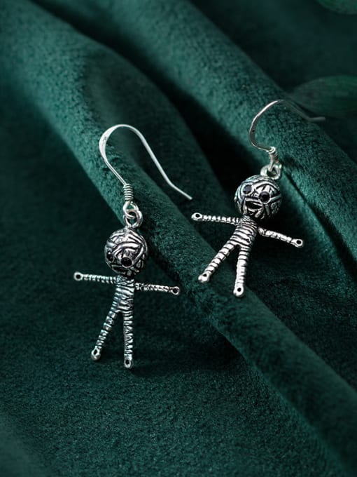 Rosh 925 Sterling Silver With Antique Silver Plated Skull Doll Hook Earrings 2