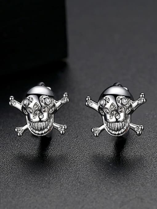 Platinum Copper With White Gold Plated Punk Skull Stud Earrings