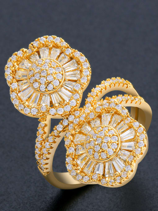 Golden Copper With  Cubic Zirconia Exaggerated Flower Cocktail Rings