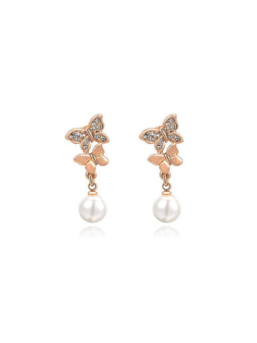 Rose Gold Double Butterfly Shaped Artificial Pearl Drop Earrings