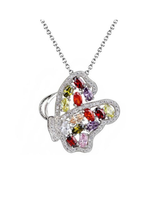 Qing Xing Butterfly Colorful Zircon Upscale White Gold Plated Necklace 0