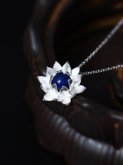 SILVER MI Lotus Flower Blue Stone Women Necklace 0
