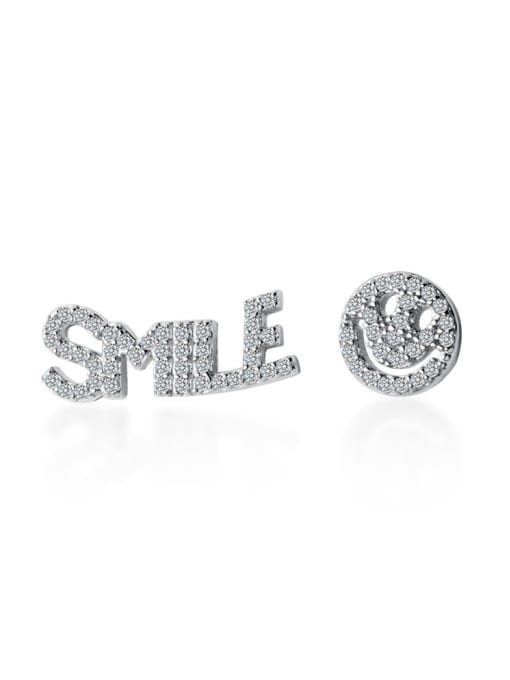 Rosh 925 Sterling Silver With Cubic Zirconia Simplistic English smle smile asymmetry Stud Earrings 3