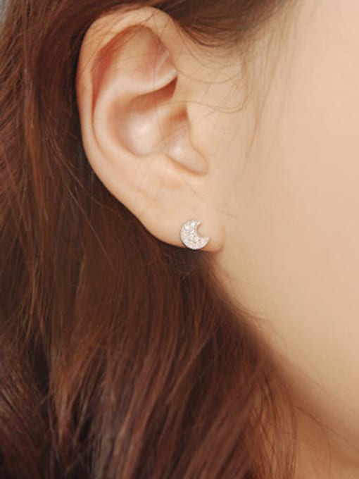 DAKA Asymmetrical Little Moon Star Cubic Rhinestones Silver Stud Earrings 1