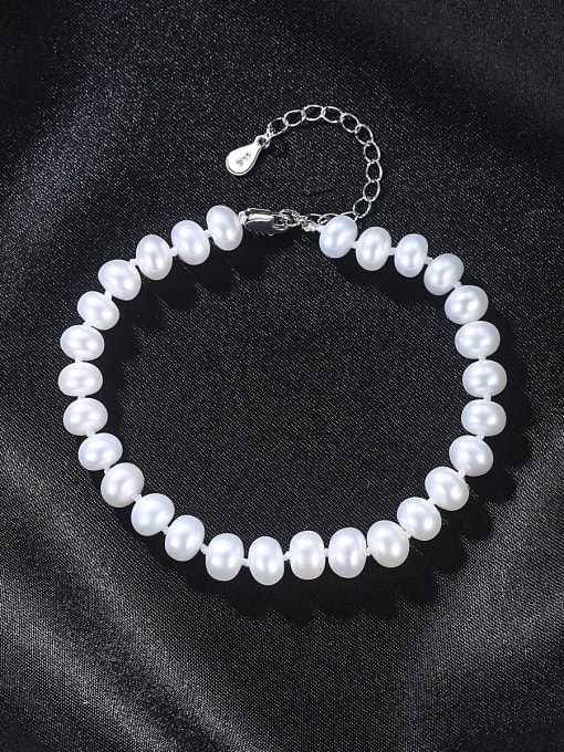 White Sterling Silver 6-7mm flat natural freshwater pearl bracelet