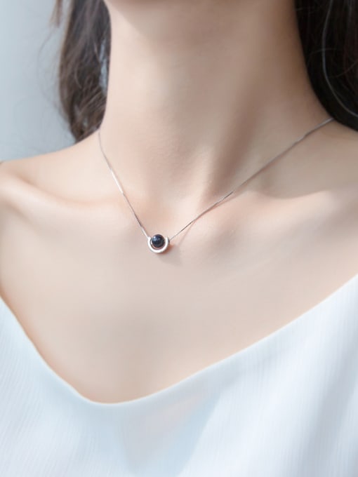 Rosh Fresh Black Round Shaped Stone S925 Silver Necklace 1