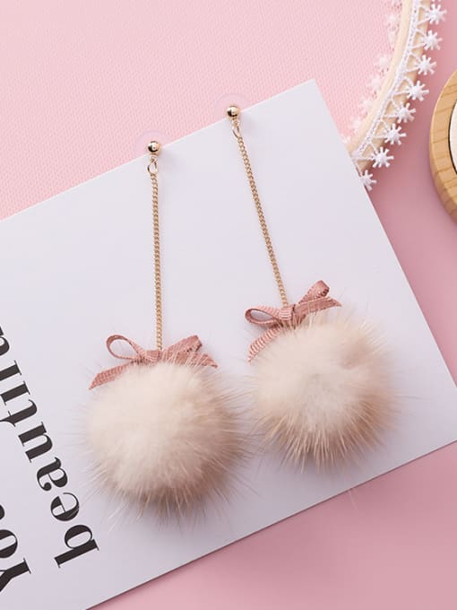 C Beige Alloy With Rose Gold Plated Cute Long Bow Hairball  Drop Earrings