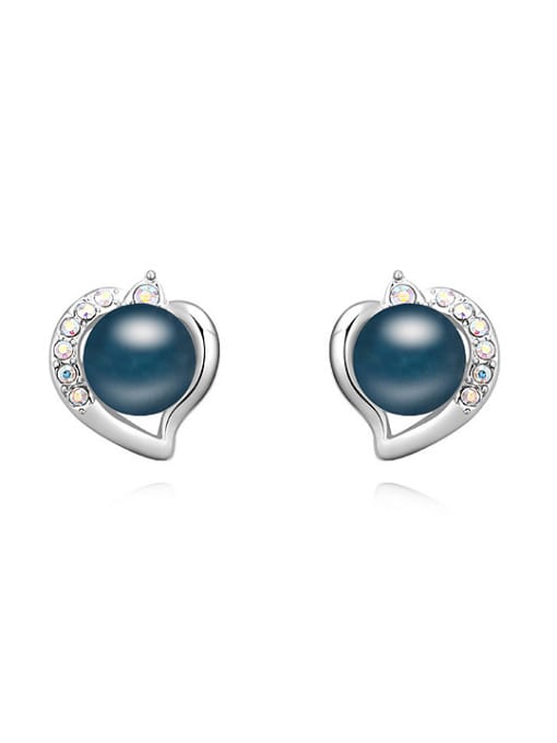 Deep Blue Fashion Imitation Pearl Crystals Heart Alloy Stud Earrings