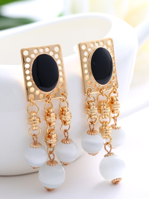 Wei Jia Retro style White Opal Beads Black Enamel Gold Plated Alloy Drop Earrings 1