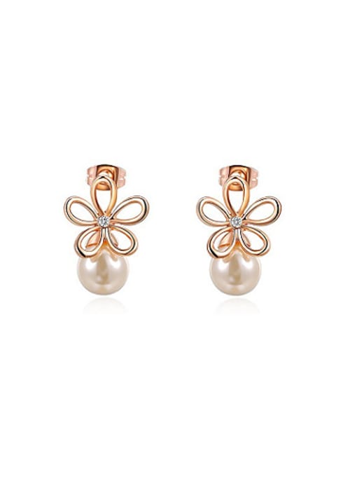 Rose Gold Exquisite Hollow Flower Shaped Artificial Pearl Stud Earrings