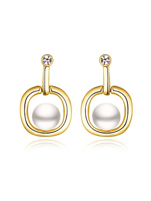 Gold Artificial Pearl Hollow Square Stud Earrings