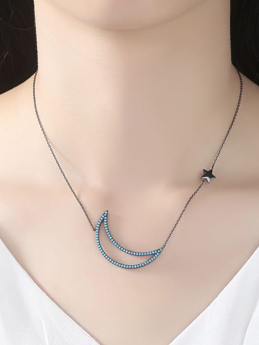 BLING SU Copper inlaid AAA Blue Zircon simple Moon Necklace 1