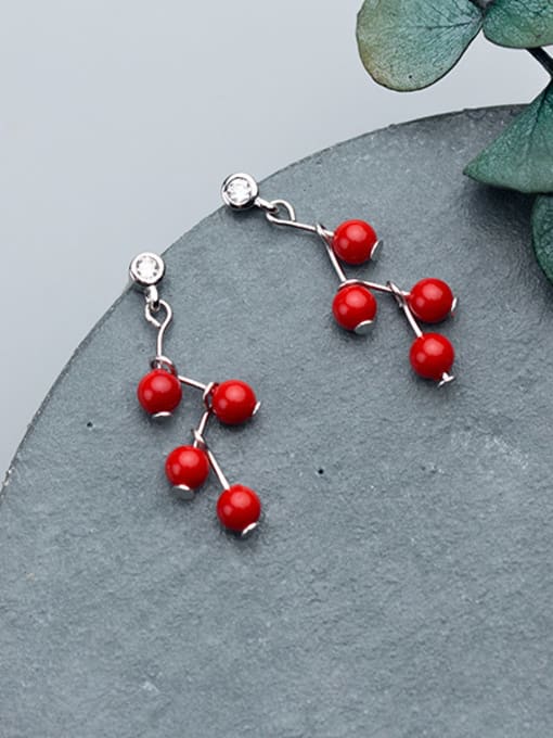 Rosh Exquisite Red Artificial Pearl S925 Silver Drop Earrings 0