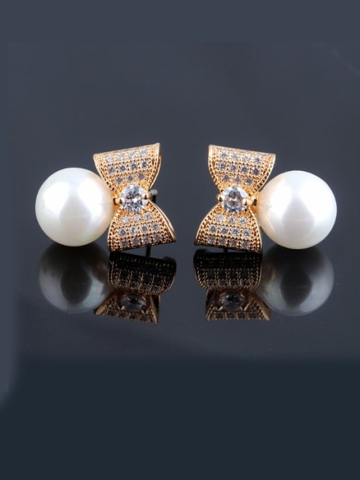 Qing Xing Sterling Silver Bow  Zircon Pearls Shells Upscale Fashion stud Earring 0