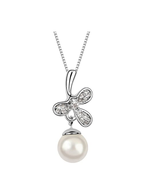 White Exquisite Imitation Pearl Shiny Crystals-studded Leaf Alloy Necklace