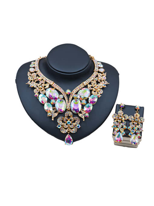 multi-color Oval Glass Rhinestones Flower Two Pieces Jewelry Set