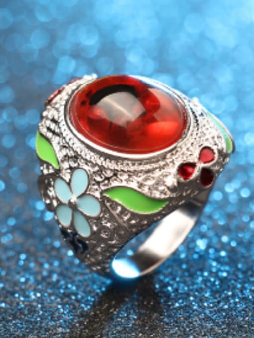 Gujin Ethnic style Personalized Red Resin stone Flowery Alloy Ring 3