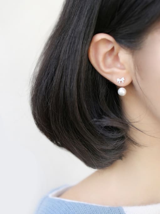 Peng Yuan Elegant Tiny Bow Artificial Pearl 925 Silver Stud Earrings 1