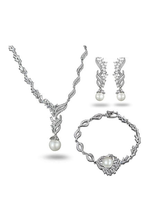 SANTIAGO Exquisite 18K White Gold Plated Artificial Pearl Three Pieces Jewelry Set 0