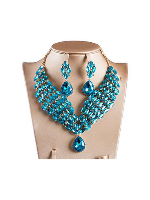 Lan Fu Blue Water Drop Glass Two Pieces Jewelry Set 0