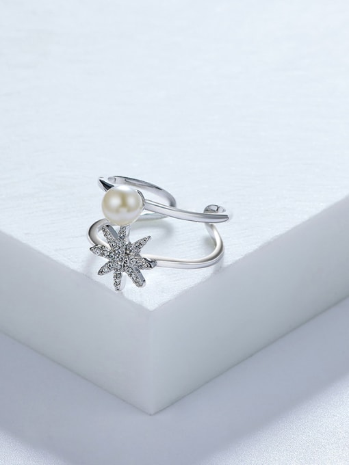 Platinum Elegant Double Layer Flower Artificial Pearl Ring