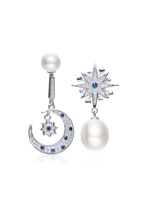 White Asymmetrical Star Moon Freshwater Pearl Stud Earrings