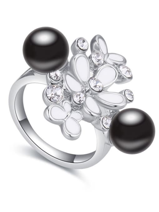 Black Exaggerated Two Imitation Pearls White Crystals-embellished Flowers Ring