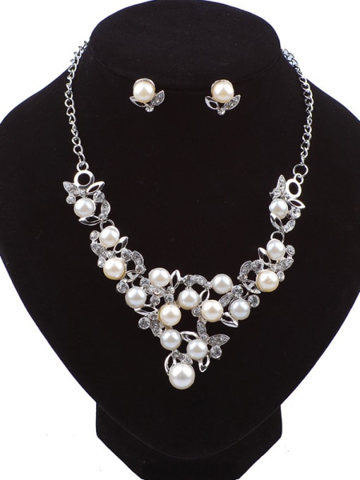 Silver Elegant Imitation Pearls Rhinestones Alloy Two Pieces Jewelry Set