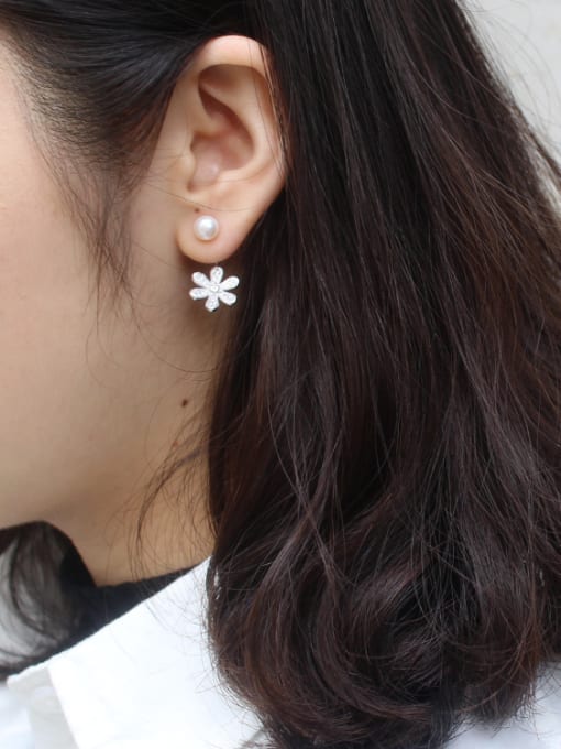 DAKA Fashion Freshwater Pearl Flowery Silver Stud Earrings 1