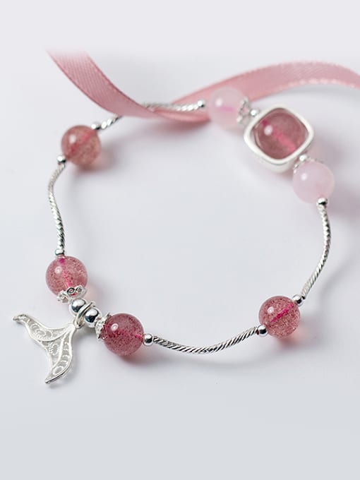 pink Elegant Leaf Shaped Pink Crystal S925 Silver Bracelet