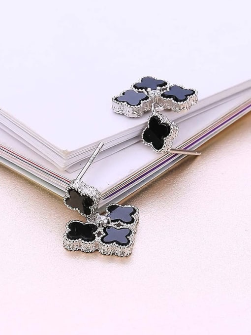 One Silver Elegant Black Carnelian Flower Earrings 2