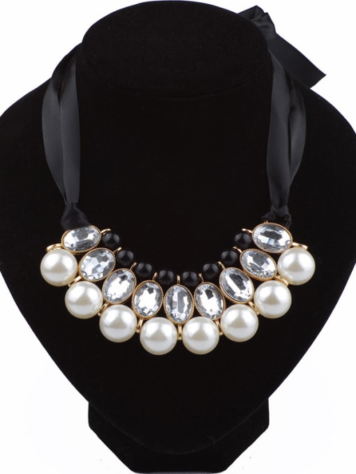 Qunqiu Fashion White Imitation Pearls Stones Black Ribbon Necklace 0