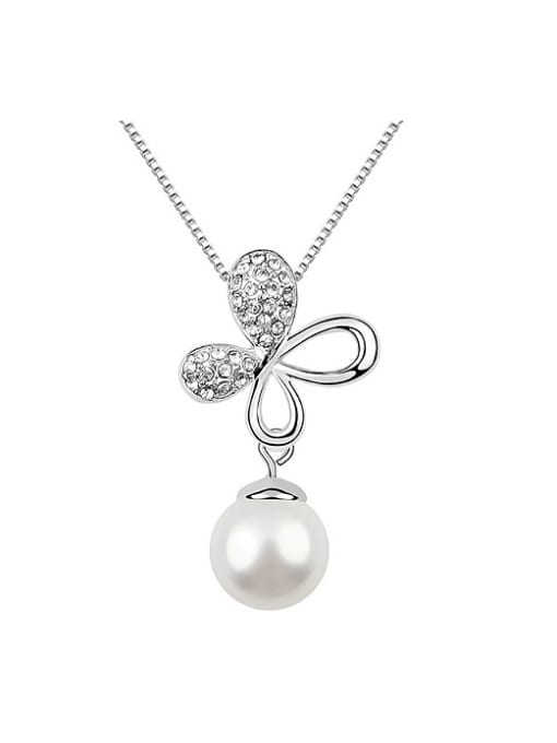 QIANZI Exquisite Imitation Pearl Shiny Crystals-studded Flowery Alloy Necklace 1
