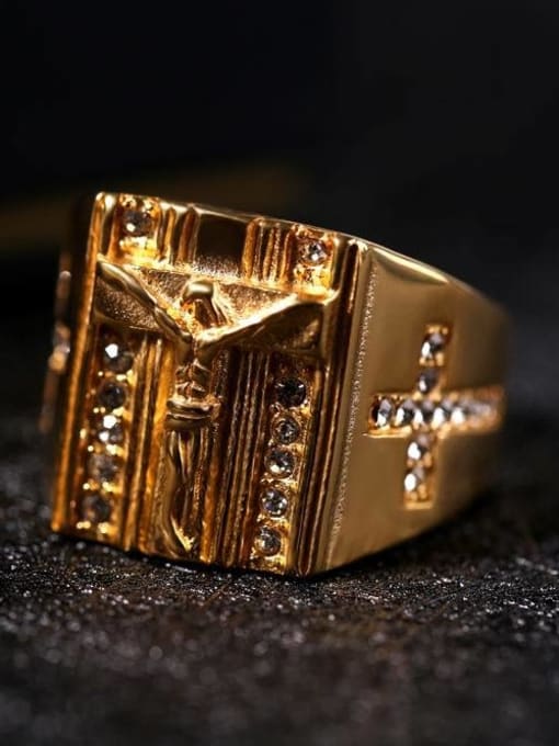 RANSSI Punk style Gold Plated Cross Jesus Rhinestones Titanium Ring 1