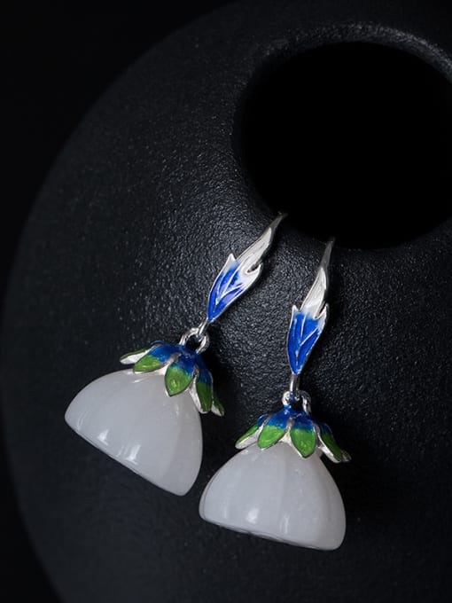 SILVER MI Ethnic style White Jade Lotus Seedpod 925 Silver Earrings 2
