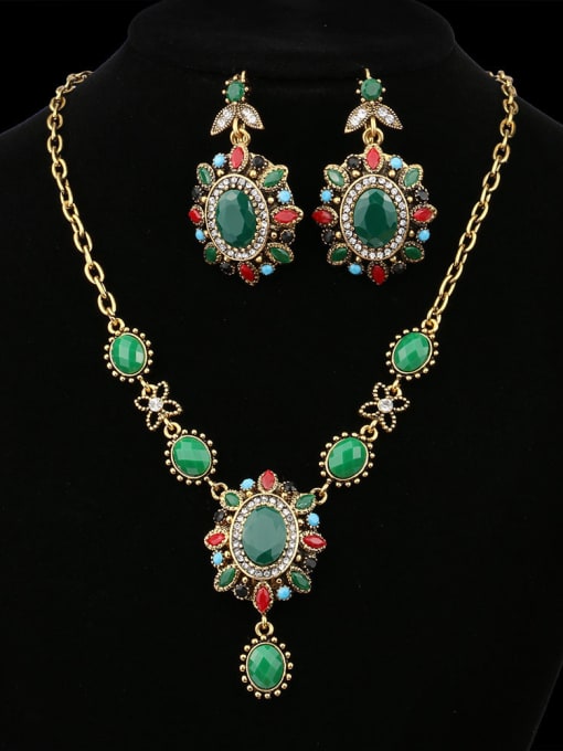 Gujin Ethnic style Oval Green Resin stones Alloy Two Pieces Jewelry Set 1