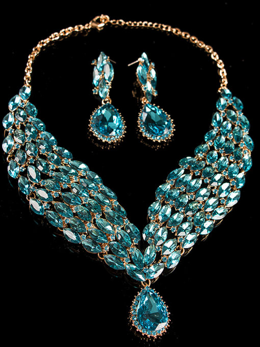 Lan Fu Blue Water Drop Glass Two Pieces Jewelry Set 1