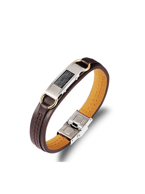 black Fashion Brown Artifical Leather Titanium Men Bracelet