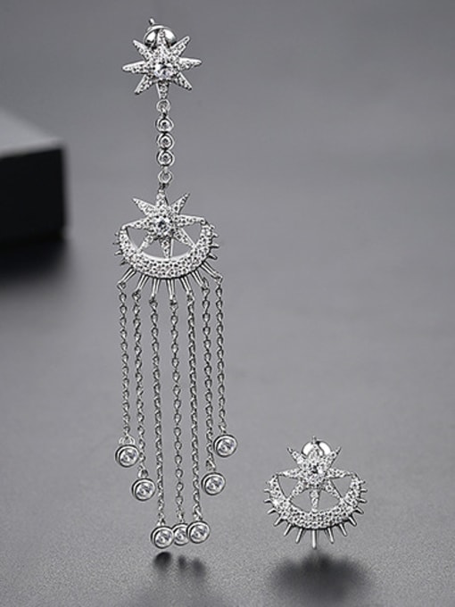 platinum-T03A28 Copper With Cubic Zirconia  Fashion Star Tassel Drop Earrings