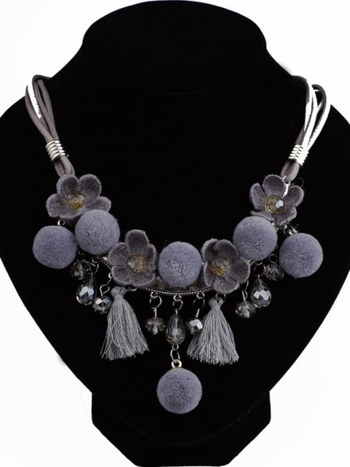 purple Ethnic style Small Pompon Tassels Artificial Leather Necklace