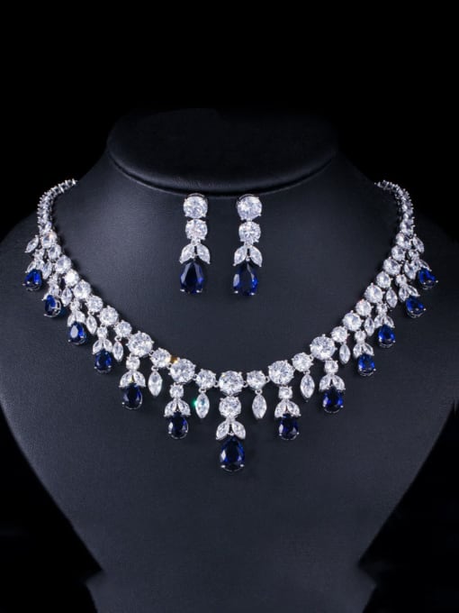 blue Copper With White  Cubic Zirconia Delicate Leaf Wedding 2 Piece Jewelry Set