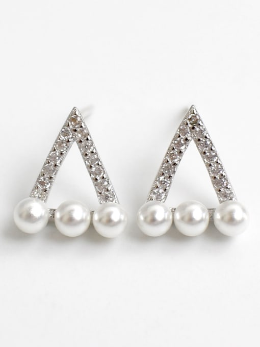 DAKA Simple Artificial Pearls Hollow Triangle Rhinestones Silver Stud Earrings 2