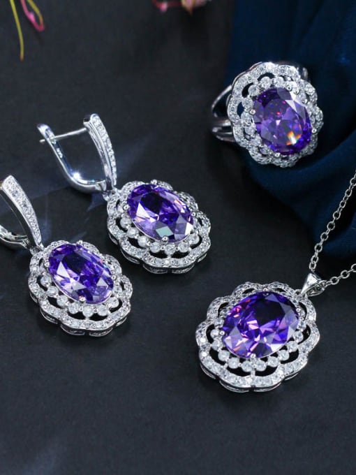 Purple Ring 6 Yards. Copper inlaid AAA Zircon Earrings Necklace 3 piece jewelry set
