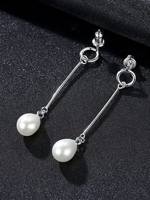 White 925 Sterling Silver With Artificial Pearl  Simplistic Oval Long section Drop Earrings