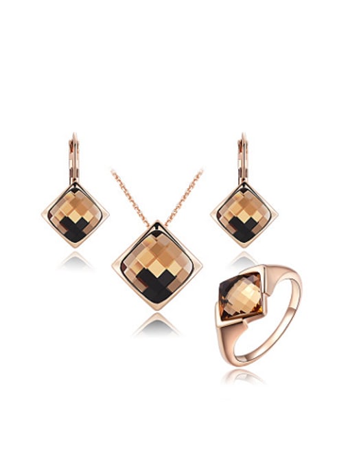 Rose Gold Champagne Square Shaped Austria Crystal Three Pieces Jewelry Set
