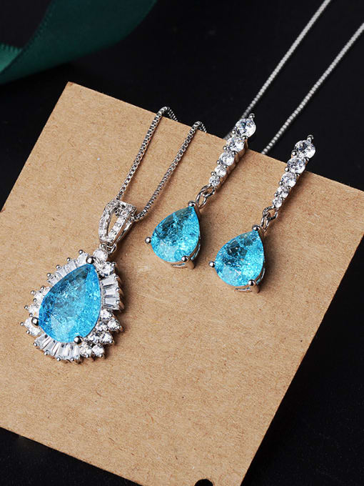 blue+platinum Copper With Glass stone Classic Water Drop 2 Piece Jewelry Set