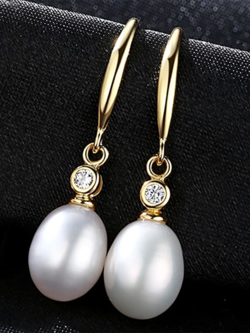 White Sterling Silver 8-9mm Freshwater Pearl Gold Stud Earrings