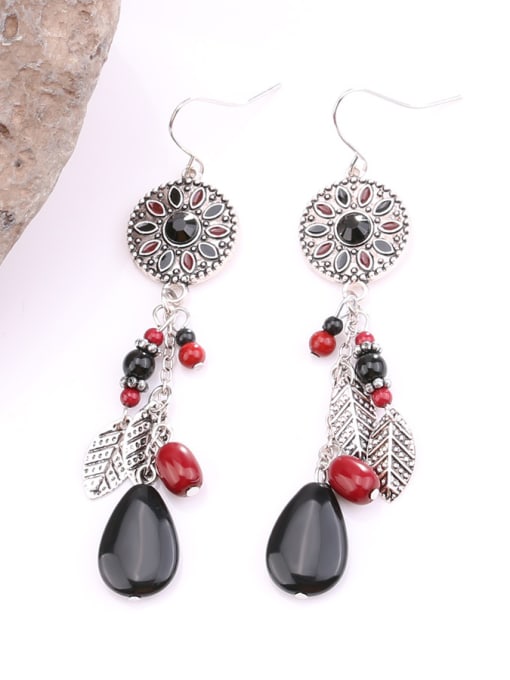 antique silver Bohemia style Colorful Resin stones Little Leaves Alloy Drop Earrings