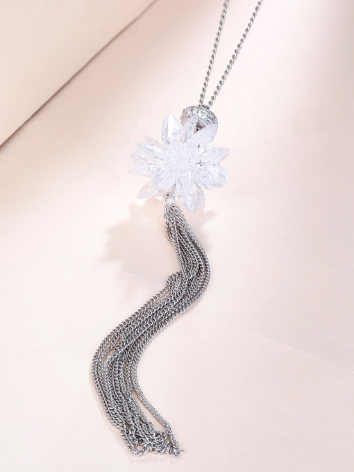 One Silver Flower Sweater Necklace 0