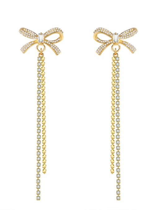 ALI New micro-inlay zircon bow long tassel earrings